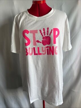 Women’s White Short Sleeve Tee with Pink Stop Bullying Graphic